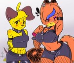 abs anthro anthrofied armwear blush bodily_fluids clothing crossgender duo ear_piercing ear_ring female female/female fishnet_armwear fishnet_clothing fishnet_legwear legwear mtf_crossgender muscular muscular_female nervous_sweat orange_body piercing ring_piercing sweat yellow_body kaizooki garfield_(series) garfield_the_cat gothfield odie_the_dog canid canine canis domestic_cat domestic_dog felid feline felis mammal hi_res