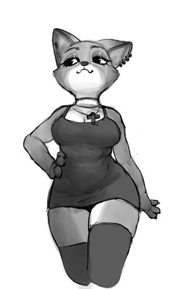 absolute_territory alternative_fashion anthro breasts choker cleavage clothed clothing confidence cross curvy_figure dress ear_piercing ear_ring eyeshadow female goth hourglass_figure jewelry makeup minidress necklace piercing ring_piercing solo thick_thighs wide_hips okgaki liar's_bar foxy_(liar's_bar) canid canine fox mammal hi_res monochrome
