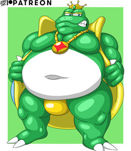 anthro belly bulge clenched_teeth cloak cloak_only clothed clothing crown crown_only headgear headgear_only jewelry looking_at_viewer male mostly_nude musclegut muscular navel necklace necklace_only nude overweight overweight_anthro overweight_male partially_clothed solo teeth thong thong_only topless underwear underwear_only pizzaozzy mario_bros nintendo wart_(mario) amphibian frog hi_res