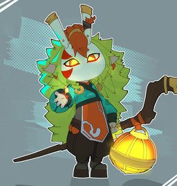 abstract_background ambiguous_gender clothed clothing footwear glowing glowing_eyes green_hair hair holding_object holding_staff lamp lantern looking_at_viewer magic mask orange_eyes sandals shoes solo staff smite_(artist) evercore beko_(evercore) humanoid spirit unknown_species full-length_portrait hi_res portrait male_(lore)