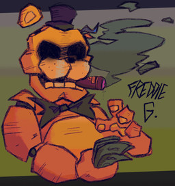 anthro bow_tie cigar cigar_in_mouth cigar_smoke clothing eyebrows hat headgear headwear holding_money holding_object machine male money no_pupils notched_ear object_in_mouth open_mouth pawpads sketchy smoke smoking smoking_cigar solo teeth text top_hat wire yellow_body cryptiacurves five_nights_at_freddy's scottgames golden_freddy_(fnaf) animatronic bear mammal robot robot_anthro character_name digital_drawing_(artwork) digital_media_(artwork) english_text hi_res
