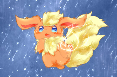 abstract_background ambiguous_gender blue_eyes chibi feral fur kemono light open_mouth orange_body orange_fur semi-anthro solo star yellow_body yellow_fur deaic nintendo pokemon eeveelution flareon generation_1_pokemon pokemon_(species) 2017 hi_res shaded