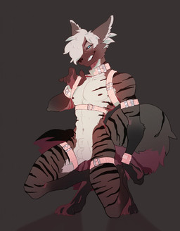 animal_genitalia anthro balls black_stripes brown_background brown_body brown_fur cuff_(restraint) digitigrade fully_sheathed fur genitals harness kneeling male male_anthro muscular muscular_anthro muscular_male nipples on_one_knee paws pecs restraints sheath shoulder_strap simple_background solo straps striped_body stripes tan_body tan_fur thigh_strap connardcf hyena mammal 2019 hi_res