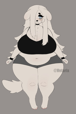 anthro bangs barefoot belly big_breasts black_clothing black_topwear blue_eyes bottomwear breasts choker cleavage clothed clothing eyeshadow facial_piercing feet female grey_background grey_bottomwear grey_clothing grey_shorts hair hair_over_eye half-closed_eyes huge_breasts jewelry long_hair makeup narrowed_eyes navel necklace nose_piercing nose_ring overweight overweight_anthro overweight_female piercing ring_piercing shorts simple_background solo tail thick_thighs topwear white_body white_hair wide_hips wristband vetarix lily_(vetarix) canid canine canis domestic_dog mammal alternate_version_at_source hi_res