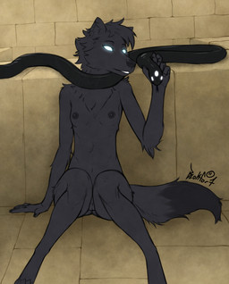 anthro black_body black_fur breasts brick female flat_chested fur genitals glowing glowing_eyes inside nude rock ruins simple_background sitting solo stone_wall unusual_eyes vulva wall_(structure) blokfort canid canine canis mammal reptile scalie snake wolf 2026 hi_res