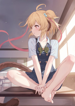 ahoge barefoot blonde_hair bottomwear classroom clothed clothing desk feet female furniture hair humanoid_feet panties plantigrade school skirt table underwear upskirt kimblee_(artist) cygames granblue_fantasy andira_(granblue_fantasy) animal_humanoid humanoid mammal mammal_humanoid monkey_humanoid primate primate_humanoid absurd_res hi_res
