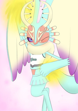 ambiguous_gender anthro antlers biped black_sclera cheerleader_outfit chest_tuft clothing colored_nails countershade_torso countershading digitigrade fingernails fluffy fluffy_tail fur head_wings horn huge_wings legwear looking_at_viewer mouthless multicolored_body multicolored_eyes multicolored_fur nails neck_tuft one_eye_closed orange_body orange_fur pink_background pink_eyes pom_poms pupils purple_fingernails purple_nails simple_background solo stockings tail tan_body tan_fur teal_body teal_eyes teal_fur text three-quarter_view tuft unusual_wing_placement wings wink winking_at_viewer ahab_null kirby_(series) kirby_and_the_forgotten_land nintendo fecto_elfilis alien chinchillid mammal rodent starling_(kirby) 2022 absurd_res digital_drawing_(artwork) digital_media_(artwork) english_text full-length_portrait hi_res japanese_description portrait