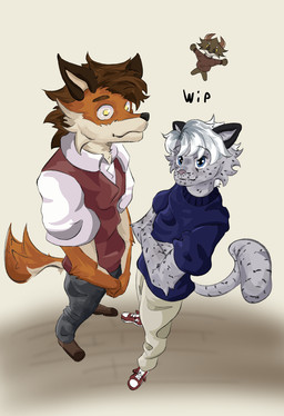 anthro biped blue_eyes clothed clothing duo foreshortening fully_clothed fur low-angle_view male male/male orange_body orange_fur simple_background smile snow standing tail melioodraw canid canine felid fox mammal pantherine snow_leopard digital_media_(artwork) full-length_portrait hi_res portrait