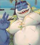 5_fingers anthro beach belly blue_sky clothed clothing eyes_closed eyewear fingers gesture hand_gesture happy jewelry male moobs musclegut muscular muscular_anthro muscular_male necklace nipples open_clothing open_mouth open_shirt open_smile open_topwear palm_tree pecs plant scar sea seaside sharp_teeth shirt sky smile solo sunglasses teeth topwear tree v_sign water gomtang lifewonders tokyo_afterschool_summoners typhon_(tas) cetacean dolphin fish hybrid mammal marine oceanic_dolphin orca shark toothed_whale 2018