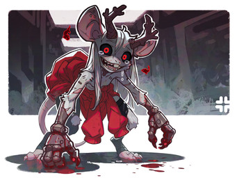 2_horns 3_toes 4_fingers anthro antlers arm_tuft bangs big_ears black_sclera blood blood_on_face blood_on_hand bloodied bodily_fluids breasts buckteeth claws clothing collarbone crying cybernetic_arm cybernetic_limb cybernetics elbow_tuft eyebrows facial_tuft featureless_breasts feet female fingers flat_chested front_view fur hair horn horror_(theme) hunched_over insane insane_eyes knee_tuft leg_tuft long_hair looking_at_viewer machine mostly_nude mostly_nude_anthro mostly_nude_female open_mouth open_smile pose pupils red_body red_clothing red_eyes sad scar segmented_tail sharp_teeth side_bangs simple_background smile smiling_at_viewer solo standing tears teeth toes tuft victim white_body white_fur white_hair polygoncherub aquatic demon fish hybrid mammal murid murine rat robot_anthro rodent 2025 4:3 colored detailed digital_drawing_(artwork) digital_media_(artwork) full-length_portrait hi_res portrait shaded signature