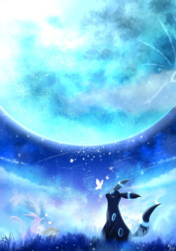 ambiguous_gender anthro black_body brown_body cloud eyes_closed feral forehead_gem fur gem grass group markings moon night open_mouth plant purple_body purple_eyes purple_fur ring_(marking) star tail trio natu_a0z0ra nintendo pokemon arthropod butterfly eevee eeveelution espeon generation_1_pokemon generation_2_pokemon insect lepidopteran pokemon_(species) shiny_pokemon umbreon 2026 hi_res signature