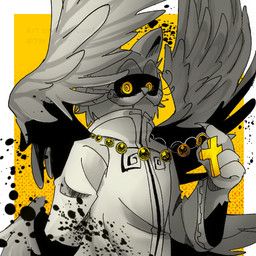 4_fingers abstract_background anthro beads black_sclera border claws clothing cross facial_tuft fangs feathered_wings feathers finger_claws fingers fnf_mods fur hand_behind_back holding_cross holding_jewelry holding_necklace holding_object ink jewelry long_sleeves looking_at_viewer male necklace prayer_beads robe shadow side_view simple_background smile solo symbol teeth tuft whiskers white_body white_border white_fur white_wings wings yellow_background yellow_beads yellow_cross yellow_eyes yellow_jewelry yellow_necklace scarycandle bad_monday_simulator friday_night_funkin' garfield_(series) jim_davis nickelodeon sony_corporation sony_interactive_entertainment sony_pictures garfield_the_cat godfield_(lumpy_touch) gorefield_(creepypasta) deity domestic_cat felid feline felis mammal 1:1 halftone hi_res portrait