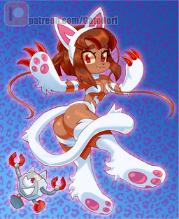 anthro butt cosplay crossover_cosplay duo exposed_ass female fur machine male nude technically_nude white_body white_fur norithecat capcom darkstalkers gameoverse glitch_productions felicia_(darkstalkers) kaboodle_(gameoverse) kit_bodega domestic_cat felid feline felis mammal robot absurd_res crossover hi_res