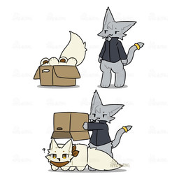 :3 accessory ambiguous_anthro ambiguous_feral ambiguous_gender anthro biped black_clothing black_jacket black_topwear bottomless bottomless_ambiguous bottomless_anthro box brown_pawpads cardboard cardboard_box cheek_tuft chest_tuft clothed clothing container duo facial_tuft featureless_crotch feral feralized fluffy fluffy_tail fur furgonomics grey_body grey_ears grey_fur grey_tail head_tuft holding_box holding_container holding_object in_box in_container jacket jewelry kemono kerchief kerchief_only looking_at_another monotone_body monotone_fur monotone_tail mostly_nude neckerchief neckerchief_only neckwear open_mouth orange_eyes pawpads pupils quadruped question_mark ring standing stuck tail tail_accessory tail_jewelry tail_ring tan_body tan_ears tan_fur tan_tail topwear tuft upside_down white_pupils tontaro naa-kun_(tontaro) domestic_cat felid feline felis mammal 1:1 2026 2d_animation animated colored digital_media_(artwork) flat_colors frame_by_frame loop seamless_loop watermark