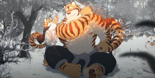 age_difference anthro duo flexing flexing_bicep male muscular muscular_male shirtless_male snow younger_male bogexboog felid mammal pantherine tiger absurd_res hi_res