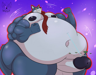 ambiguous_gender anthro balls belly big_belly big_penis blue_body blue_fur duo erection fur genitals huge_belly macro male moobs musclegut muscular muscular_arms muscular_male navel nipples obese obese_male overweight overweight_male penis scarf size_difference yellow_sclera bigkingwoof dragon_ball dragon_ball_super bergamo canid canine canis mammal wolf hi_res