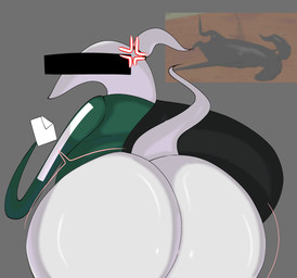 accessory angry anthro big_butt blush bottomless butt butt_focus censor_bar censored_eyes clothed clothing cross-popping_vein green_clothing green_jacket green_topwear hair hair_accessory hairband huge_butt jacket looking_at_viewer looking_back male nude ponytail presenting presenting_hindquarters rear_view simple_background solo thick_thighs topwear white_body white_hair wide_hips woopyy ena:_dream_bbq ena_(series) hoarder_alex_(ena) mammal unknown_species absurd_res digital_media_(artwork) hi_res