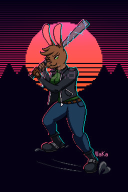 anthro baseball_bat bat_(object) clothed clothing female fur smile solo synthwave waka daisy_(katzenart) lagomorph mammal 2:3 digital_media_(artwork) full-length_portrait pixel_(artwork) portrait