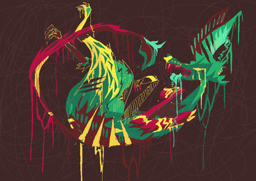abstract_background ambiguous_gender brown_background feral fur green_body green_fur multicolored_body multicolored_fur red_body red_fur red_tail simple_background solo stripes tail yellow_stripes naircat 2017 digital_media_(artwork) microsoft_paint_(artwork)