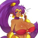 1:1 blue_eyes breasts brown_body brown_skin cleavage clothed clothing ear_piercing ear_ring female genie gesture hair hand_gesture heart_symbol humanoid humanoid_pointy_ears long_hair not_furry piercing pinkkoffin ponytail purple_hair ring_piercing shantae shantae_(series) signature simple_background smile solo v_sign wayforward white_background