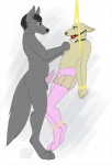 ankles_tied anthro anthro_on_anthro ball_gag bdsm black_hair bondage bound breast_torture clothed clothing dominant dominant_male duo ears_back erection eye_contact female fur gag gagged grey_body grey_fur hair hands_behind_back looking_at_another male navel nude pivoted_ears red_ball_gag rope side_view submissive submissive_female topless wrists_tied banrai canid canine canis domestic_dog mammal 2010 digital_drawing_(artwork) digital_media_(artwork) flat_colors signature