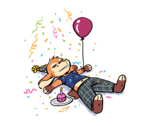 3_fingers 3_toes anthro balloon barefoot belly_tuft biped birthday birthday_candle bottomwear brown_body brown_fur clothed clothing confetti cupcake dipstick_ears ear_markings facial_markings feet fingerless_(marking) fingerless_gloves_(marking) fingers food fur gloves_(marking) hat head_markings head_tuft headgear headwear inflatable leg_markings lying markings midriff multicolored_ears on_back pants party_hat plate shirt simple_background socks_(marking) solo t-shirt tan_body tan_fur toeless_(marking) toeless_socks_(marking) toes topwear tuft white_background white_body white_fur fuel_(artist) chico_(fuel) antelope bovid mammal 2026 hi_res