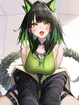 bangs black_hair breasts clothed clothing female green_eyes green_hair hair halter_top looking_at_viewer multicolored_hair open_mouth oripathy_lesion solo tail tabhead arknights hypergryph studio_montagne mon3tr_(arknights) animal_humanoid humanoid 2025 3:4 absurd_res hi_res