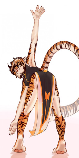 5_fingers anthro barefoot bent_over biped black_body black_clothing black_fur black_hair black_stripes blep breasts butt claws clothed clothing countershading dress eyewear feet female female_anthro fingers fur glasses hair looking_at_viewer looking_back looking_back_at_viewer multicolored_body multicolored_fur multicolored_hair orange_body orange_eyes orange_fur orange_hair pawpads paws pink_nose pink_pawpads plantigrade pose presenting presenting_hindquarters raised_arm raised_tail rear_view simple_background smile solo standing striped_body striped_fur stripes tail toes tongue tongue_out white_background white_body white_fur white_hair flururu arknights hypergryph studio_montagne waaifu_(arknights) felid mammal pantherine tiger absurd_res hi_res