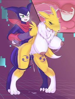 3_toes anthro anthro_on_anthro arm_pull balls big_balls big_breasts bodily_fluids breasts claws clitoris cum cum_in_uterus cum_in_vagina cum_inside cutaway duo ejaculation erection fallopian_tubes feet female female_penetrated from_behind_position front_view genital_fluids genitals grabbing green_eyes humanoid_genitalia humanoid_penis internal looking_pleasured male male/female male_penetrating male_penetrating_female neck_tuft nipples nude orgasm ovaries penetration penile penile_penetration penis penis_in_vagina prison_guard_position sex standing standing_sex sweat toes tongue tongue_out tuft uterus vaginal vaginal_canal vaginal_penetration vulva scuttlfish bandai_namco digimon canid canine digimon_(species) humanoid imp impmon mammal renamon 2021 absurd_res hi_res