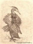 anthro beak biped feathered_wings feathers female scan solo standing tribal winged_arms wings russell_tuller avian bird heron pelecaniform 2011 3:4 hi_res monochrome traditional_media_(artwork)