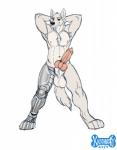 abs animal_genitalia anthro balls big_balls big_penis biped chest_tuft erection eyebrows feet fur genitals grey_body grey_fur hands_behind_head knot looking_at_viewer male muscular muscular_anthro muscular_male nipples nude penis pose prosthetic prosthetic_limb simple_background solo standing tuft white_background white_body white_fur yellow_eyes kadohusky bionichound_(character) canid canine canis domestic_dog german_shepherd herding_dog mammal pastoral_dog hi_res