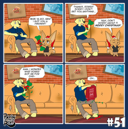 anthro christmas_clothing christmas_present clothing dialogue furniture gift holiday_message holidays humor living_room male sitting sofa speech_bubble standing text ariesartist christmas bird_dog canid canine canis domestic_dog fennec_fox fox hunting_dog labrador mammal retriever true_fox alpha_channel comic english_text hi_res