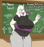 anthro big_breasts breasts chalkboard clothing cosplay curvy_figure dialogue eyewear female fur glasses huge_breasts lips slightly_chubby smile solo thick_bottom_lip thick_thighs tight_clothing voluptuous wave white_body white_fur wide_hips radicalraccs jujutsu_kaisen undertale_(series) toji_fushiguro toriel bovid caprine goat mammal hi_res