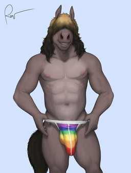 abs anthro areola athletic athletic_anthro athletic_male balls_outline barely_visible_genitalia barely_visible_penis biped bulge clothed clothing detailed_bulge fingers fur genital_outline genitals hair hair_over_eyes jockstrap jockstrap_only lgbt_pride looking_at_viewer male male_anthro multicolored_clothing multicolored_underwear navel nipples pecs penis penis_base penis_outline pride_color_clothing pride_colors rainbow_clothing rainbow_pride_colors rainbow_underwear simple_background six-stripe_rainbow_pride_colors smile solo standing tail teeth topless topless_anthro topless_male underwear underwear_only rov equid equine horse mammal 2026 digital_media_(artwork) hi_res