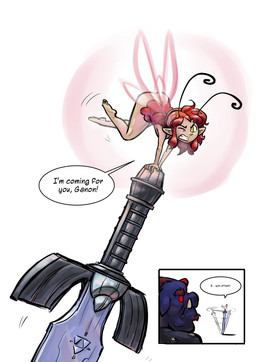 antennae_(anatomy) blue_body butt crossgender dialogue duo female flying humanoid_pointy_ears master_sword melee_weapon micro micro_calves mtf_crossgender pointy_ears simple_background sword text thick_thighs thin_calves tusks weapon white_background wide_hips wings iancsamson nintendo the_legend_of_zelda ganon link fairy humanoid 2015 english_text