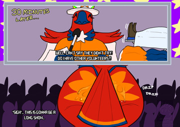 anthro beak bodily_fluids butt clothing crowd dialogue electronics group hat headgear headwear magician male microphone pecs saliva solo stretcher text thong underwear drstrangeluvve european_mythology greek_mythology mythology phenex_(kings_of_hell) avian demon mythological_avian mythological_bird mythological_creature mythological_firebird phoenix english_text hi_res