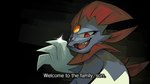 anthro blue_body claws dialogue eyelashes fangs forehead_gem gem glint holding_viewer looking_at_viewer narrowed_eyes open_mouth open_smile parody red_eyes simple_background smile solo teeth text darkluxia capcom nintendo pokemon resident_evil generation_4_pokemon pokemon_(species) weavile 16:9 2023 digital_drawing_(artwork) digital_media_(artwork) english_text widescreen