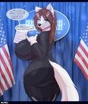 american_flag anthro big_breasts breasts brown_hair butt butt_pose clothing dialogue exposure_variation female flag fur green_eyes hair huge_breasts legwear looking_at_viewer mature_anthro mature_female politics pose president solo speech_bubble stockings text topwear united_states_of_america white_body white_fur white_house wide_hips rayka edith_vaughn canid canine canis mammal wolf 2022 absurd_res english_text hi_res letterbox story story_in_description