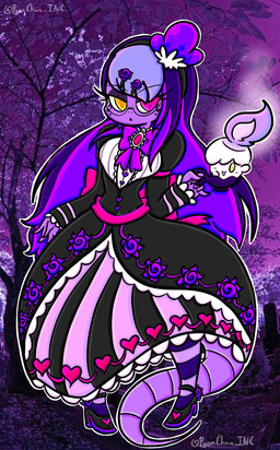 5_fingers anthro clothing dress duo female fingers flower footwear hair heart_symbol heterochromia maiden pink_eyes plant purple_body purple_hair shoes tail yellow_eyes lewdchuu nintendo pokemon lavender_(lewdchuu) arbok generation_1_pokemon generation_5_pokemon litwick pokemon_(species) hi_res