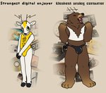 anthro biped brown_body brown_fur bulge cd clothed clothing computer duo electronics fangs fur hooves laptop male open_mouth phone portable_music_player radio tail teeth television text topwear torn_clothing torn_topwear typewriter necr0manla apple_inc. ipod analoguma chidejika bear deer mammal 2025 english_text hi_res