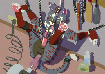 4_toes 5_fingers anal anal_penetration animal_genitalia animal_penis anthro arms_above_head balls barefoot bdsm bodily_fluids bondage bottle bound chain chained container countershade_legs countershade_thighs countershade_torso countershading cuff_(restraint) cuffed_ankles cuffed_wrists cum cum_on_body cum_on_face cum_on_penis cum_on_self cum_on_wall digitigrade eyebrows feet feline_genitalia feline_penis fingers folded fucking_machine fur genital_fluids genitals glistening glistening_genitalia glistening_pawpads glistening_penis green_eyes green_sclera grey_body grey_fur helpless high-angle_view inner_ear_fluff inside legs_up looking_at_viewer looking_pleasured machine male metal_cuffs multicolored_body multicolored_fur nude pawpads paws penetration penis pink_ears pink_nose pink_pawpads pink_penis pink_tongue purple_body purple_fur red_body red_fur red_stripes restrained_arms restrained_legs restraints reverse_countershading shadow sitting solo spread_legs spreader_bar spreading stripes tail tissue_box toes tongue tongue_out tuft underpaw white_body white_eyebrows white_fur chuchochi chuchochi_(character) domestic_cat felid feline felis mammal hi_res
