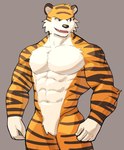 abs anthro big_muscles biped countershade_face countershade_neck countershade_torso countershading fur grey_background male monotone_background muscular muscular_anthro muscular_male narrowed_eyes navel nude pecs simple_background smile solo standing stripes tuft jrjresq calvin_and_hobbes hobbes felid mammal pantherine tiger 2021 digital_drawing_(artwork) digital_media_(artwork) hi_res portrait shaded three-quarter_portrait