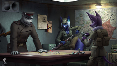anthro big_ears blue_body blue_eyes blue_fur bottomwear brown_clothing brown_topwear clothed clothing detailed_background female fur green_bottomwear green_clothing green_hat green_headwear green_pants green_topwear group gun hair hat headgear headwear holding_gun holding_object holding_ranged_weapon holding_weapon inside logo male map mouth_closed pants purple_body purple_fur ranged_weapon sitting standing text topwear trio weapon whiskers white_body white_fur white_hair yellow_eyes cereus93 femukki synexx canid felid mammal pantherine tiger 16:9 artist_logo artist_name hi_res widescreen