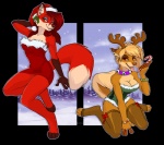 anthro antlers bell border bracelet breasts candy candy_cane christmas_clothing christmas_headwear cleavage clothed clothing collar dessert dress duo ear_piercing female food fur hair hat headgear headwear holidays holly_(plant) horn jewelry jingle_bell kneeling legwear looking_at_viewer orange_body orange_eyes orange_fur piercing plant red_hair ribbons santa_hat skimpy smile snow snowing stockings tan_body tan_fur tight_clothing tongue tongue_out transparent_border tree white_body white_fur silverdeni christmas canid canine canis domestic_dog fox husky hybrid mammal nordic_sled_dog pomeranian pomeranian_husky spitz 2015 alpha_channel