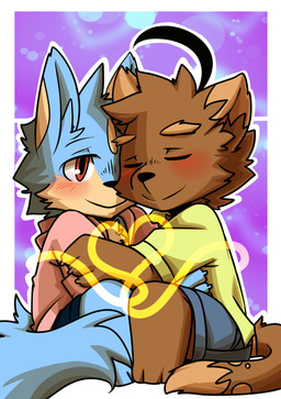 3_toes abstract_background anthro anthro_on_anthro barefoot biped black_nose blue_body blue_fur blush border bottomwear brown_body brown_fur cheek_tuft chest_tuft chibi claws clothing cuddling dipstick_ears dipstick_tail duo ear_markings eyebrows eyes_closed facial_tuft feet fur fur_markings happy head_tuft heart_symbol hoodie hug inner_ear_fluff male male/male markings multicolored_body multicolored_ears multicolored_fur multicolored_tail red_eyes romantic romantic_couple shirt shorts sitting smile spots tail tail_markings tan_body tan_fur thick_eyebrows toes topwear tuft two_tone_body two_tone_fur white_border saku1saya seiya_(saku1saya) canid canine canis domestic_dog mammal 2015 absurd_res hi_res