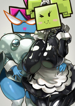 5_fingers apron big_breasts black_eyes black_latex blue_body blue_skin blush blush_stickers breast_squish breasts clothed clothed_female clothed_humanoid clothing duo eyelashes eyewear female female_humanoid fingers glasses glistening glistening_latex glistening_thighs green_body green_hair green_skin grey_background hair hand_on_another's_hip hand_on_hip huge_breasts latex latex_clothing legwear lips maid_apron maid_headdress maid_uniform mole_under_mouth not_furry one_eye_closed pigtails pink_blush purple_hair purple_lips red_eyewear red_glasses ring shirt_cuffs simple_background smile square_(anatomy) square_head squish text uniform wearing_glasses white_apron white_clothing white_legwear white_shirt_cuffs noblood mario_bros nintendo paper_mario mimi_(paper_mario) nastasia humanoid 2022 artist_name detailed digital_media_(artwork) hi_res shaded watermark