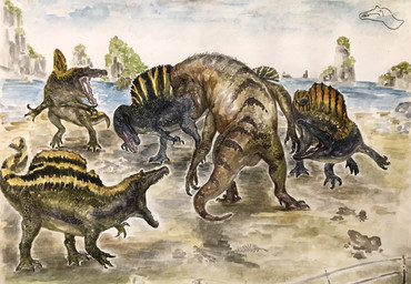 ambiguous_gender beach black_body black_scales brown_body brown_scales female feral group head_crest imminent_violence island markings multi_limb open_mouth sail_(anatomy) sand scales sharp_teeth size_difference striped_markings stripes teeth threat_display yellow_body yellow_scales mantian2006 jurassic_world:_rebirth dinosaur distortus_rex prehistoric_species reptile scalie spinosaurid spinosaurus theropod hi_res