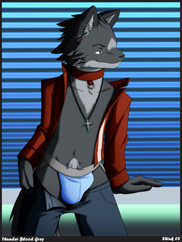 anthro biped bottomwear bottomwear_down bulge clothed clothing collar cross jockstrap male open_clothing open_shirt open_topwear pants pants_down partially_clothed piercing pubes shirt solo tail topwear underwear shiuk thundergrey canid canine canis mammal wolf hi_res