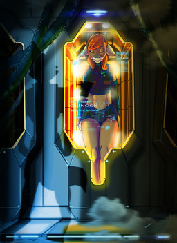 bottomwear clothed clothing dark female fog hair horn looming red_hair science_fiction shadow shorts sleeping solo space stasis fox-die antelope bovid mammal hi_res