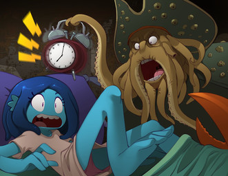 alarm_clock anthro bed bedding blanket blue_body blue_skin clock female furniture male scared bleedman disney dreamworks pirates_of_the_caribbean ruby_gillman_teenage_kraken davey_jones ruby_gillman aquatic arthropod cephalopod coleoid crustacean decapodiform kraken mollusk crossover digital_media_(artwork)
